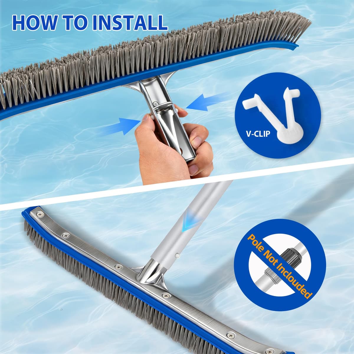 Cepillo Piscina 18 Pulgadas (45,7 cm) con cerdas de Acero y Nylon, Cepillo Limpieza Piscina con Base de Aluminio y Clip EZ para pértiga telescópica, Cepillo Resistente para Fondo y Paredes enterrada — view 4