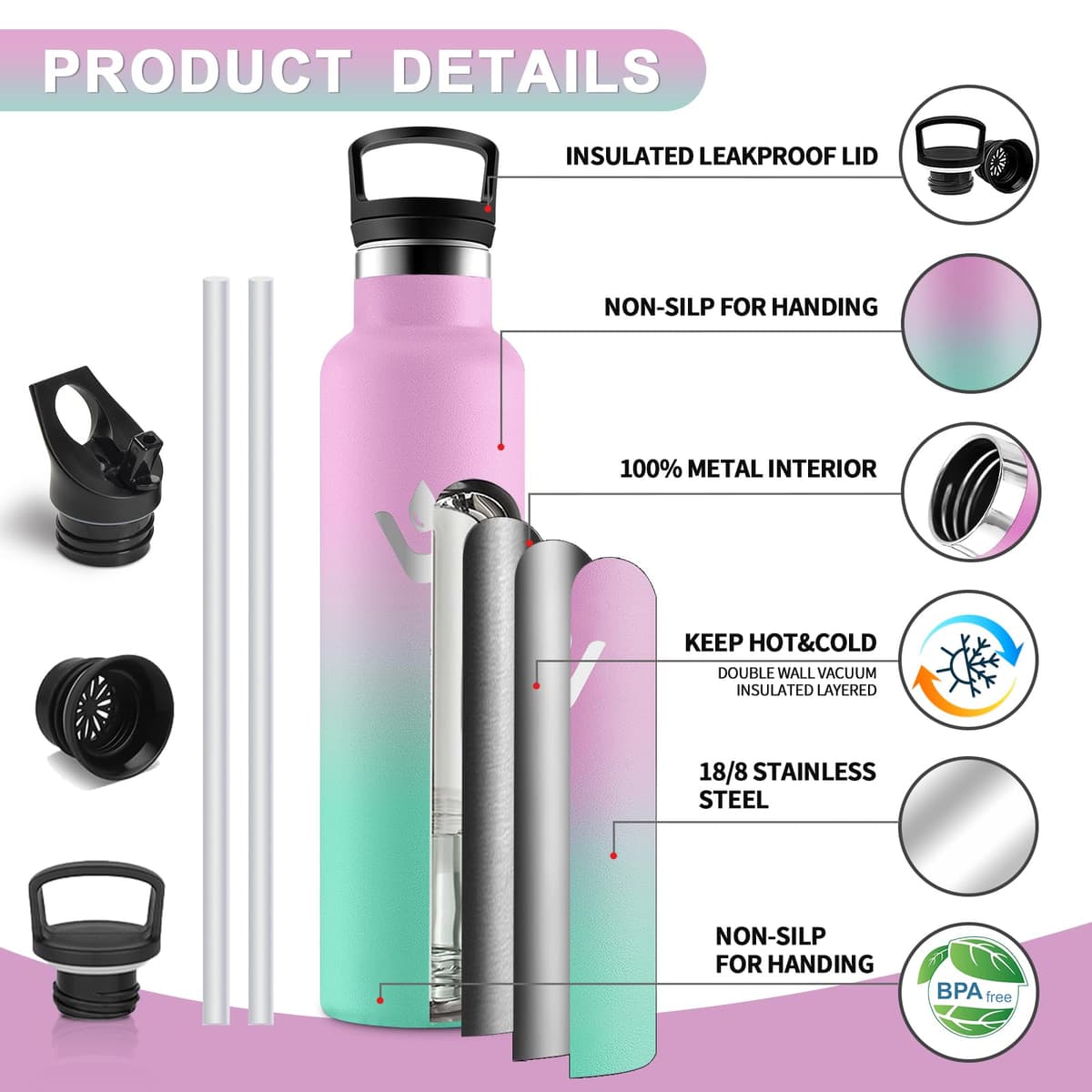 Motswedi Botella agua Termica, 1000ml Doble Aislamiento, Botella Termica 1 litro, Mantener 12H Caliente/24 Frío, Cantimplora, a Prueba de Fugas, Thermoflask, para Viaje, Exterior, Rosa & Verde — view 2