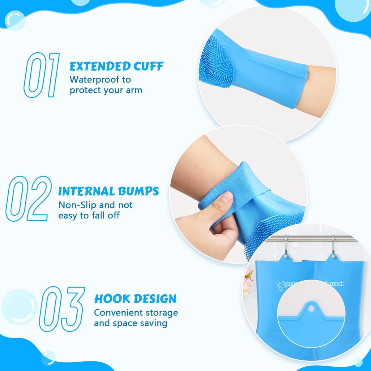 Pecute Pet Grooming Gloves - Heat Resistant Silicone Gloves with High-Density Teeth, Enhanced Five Finger Design for Bathing and Massaging Dogs and Cats, Blue — view 7