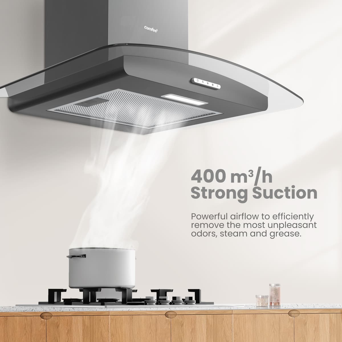 COMFEE' Canopy Cooker Hood 60cm GLAV17B-60 Curved Glass Chimney Hood with LED Light, 600mm Kitchen Extractor Fan Kitchen- Black — view 3