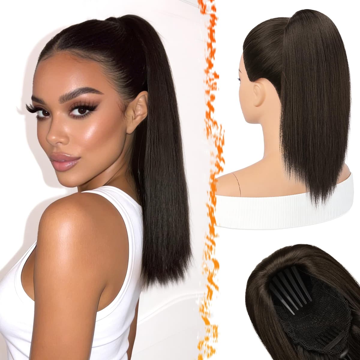 BARSDAR Liso Coleta Postiza Extensiones Pelo, 40cm Corta Liso Marrón Oscuro Cola de Caballo Extension con Cordón Natural Sintética Cheer Posh Ponytail Extensiones Postizos Fiestas Cheer Competition — view 13