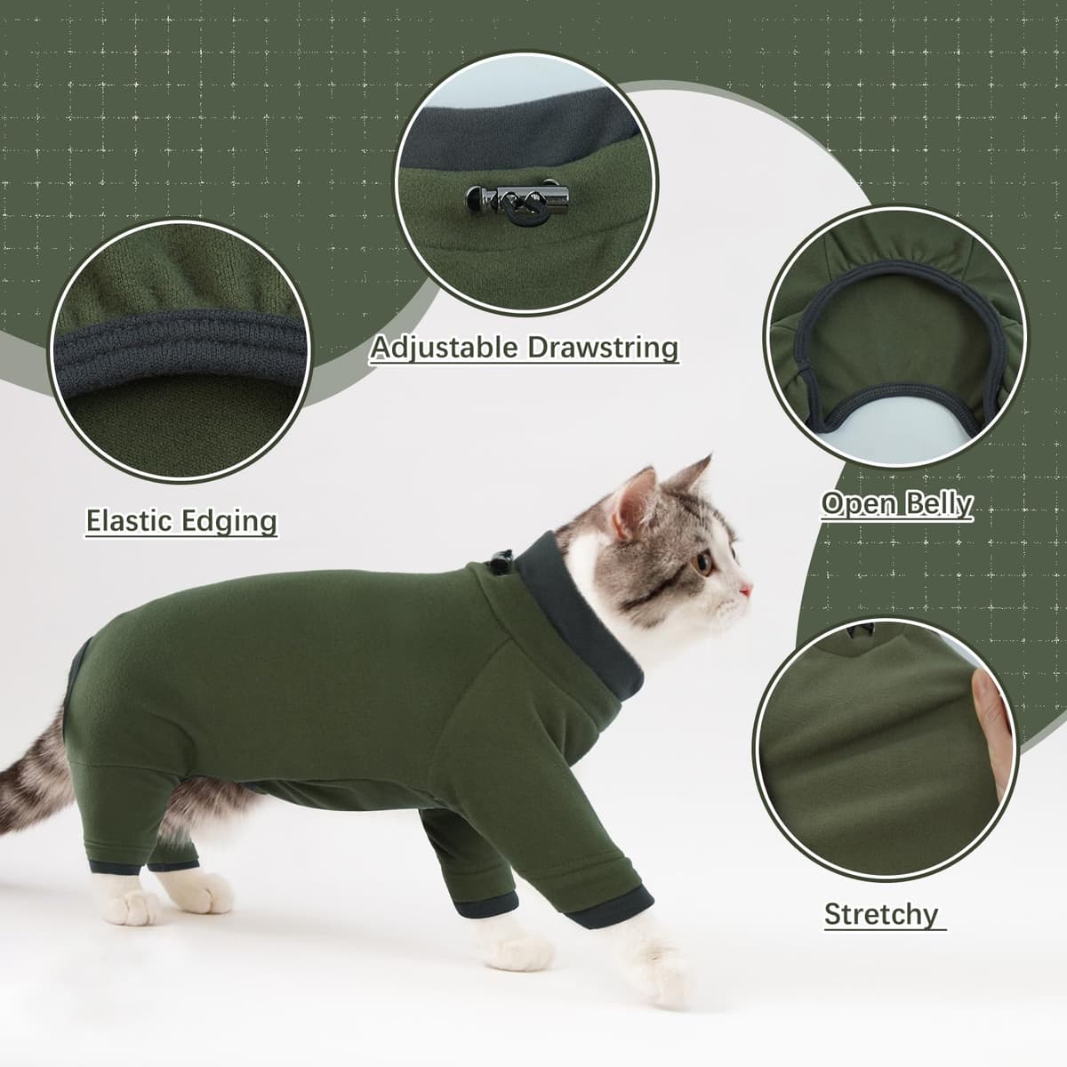 Chaleco Polar para Gatos, Chaqueta de Invierno Abrigo Otoño Invierno Caliente Pullover Suave Fleece Onesie Felpa para Gatos Body Postoperatorio(Verde Militar, L) — view 4