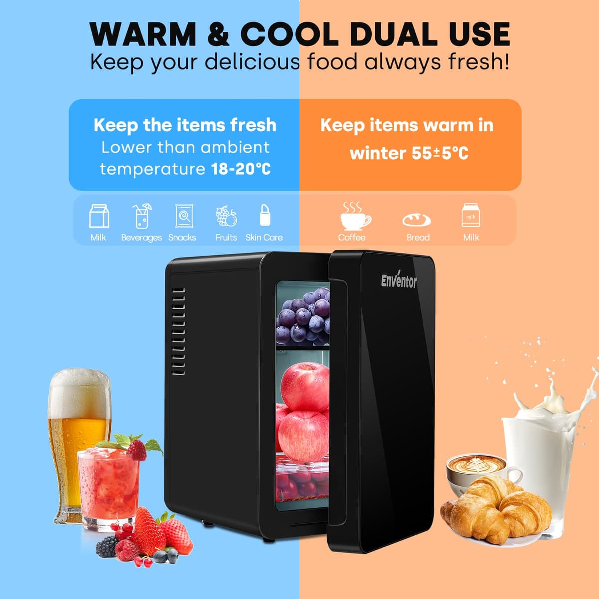 Enventor Mini Fridge 6 Litre, 8 Can Mini Fridges for Bedrooms, AC+12V DC Power Cooler & Warmer, Portable Small Fridge for Car, Travel, Home/Skincare, Makeup, Cosmetics/Drinks, Fruit, Food, Black — view 2