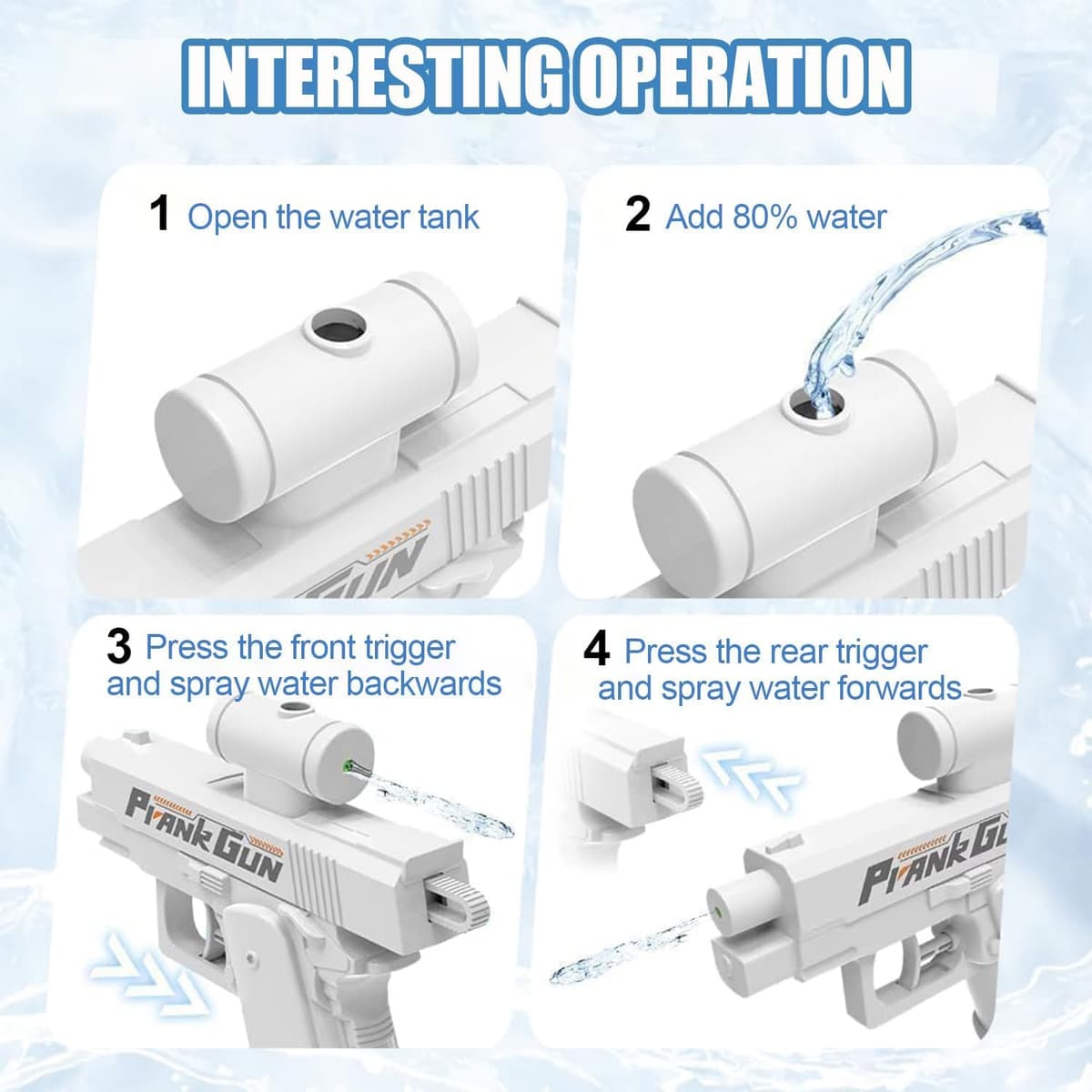 Prank Water Gun Pistola de Agua de Broma Invertir Pistolas de Agua Doble Disparo Delantera y Trasera para Travesuras Piscina Playa Verano (Azul) — view 5