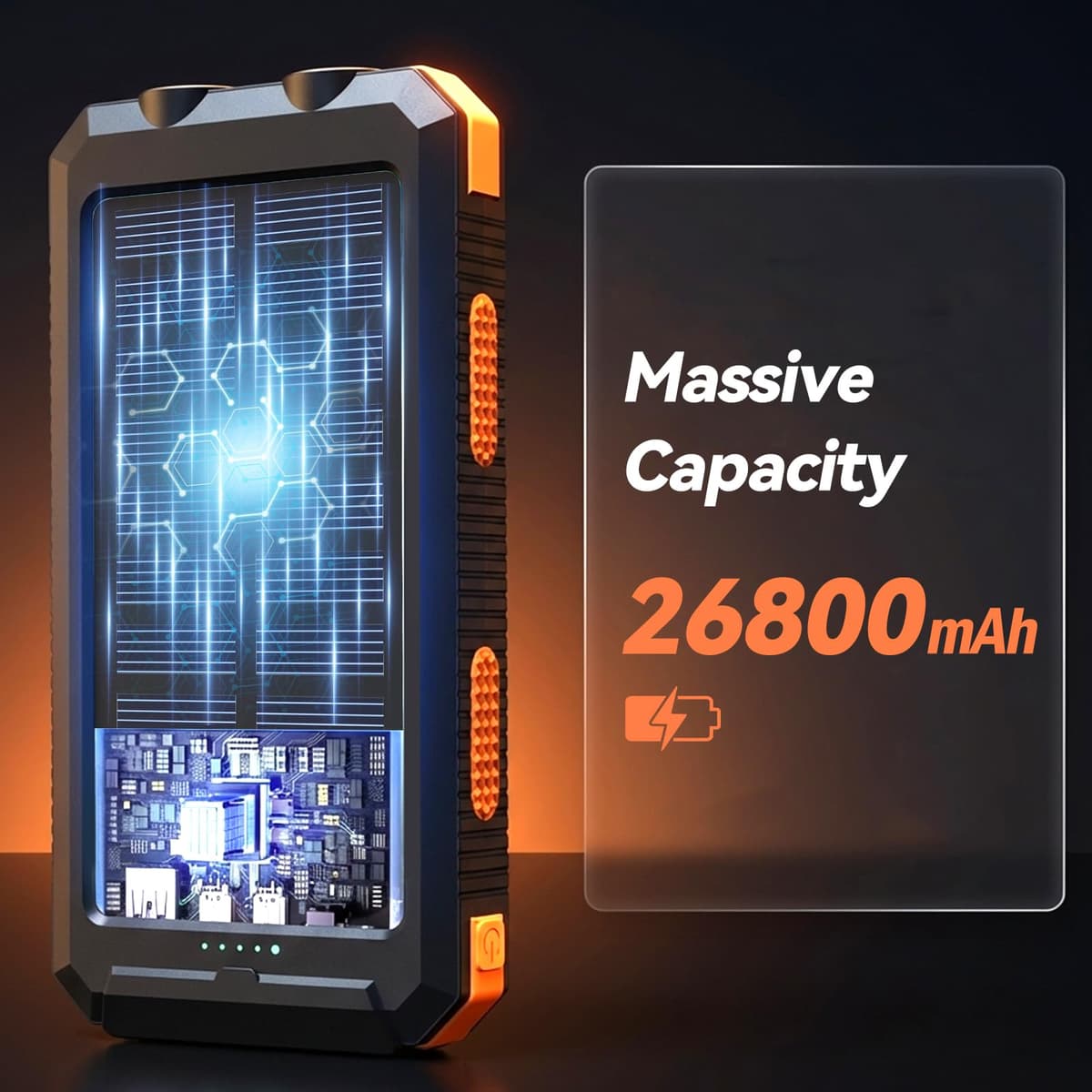 Vikeri Solar Power Bank 26800mAh, Portable Solar Charger, Portable Charger USB C Fast Charging Outdoor with Flashlight 4 Output Ports for Smartphones Tablets and More (Orange) — view 2