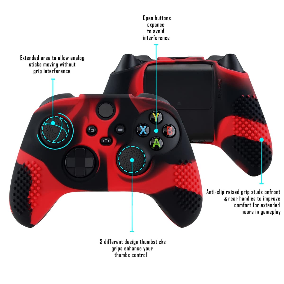 eXtremeRate PlayVital 3D Studded Edition Anti-Slip Silicone Cover Skin for Xbox Series X Controller, Soft Rubber Case Protector for Xbox Series S Controller with Black Thumb Grip Caps - Red & Black — view 3