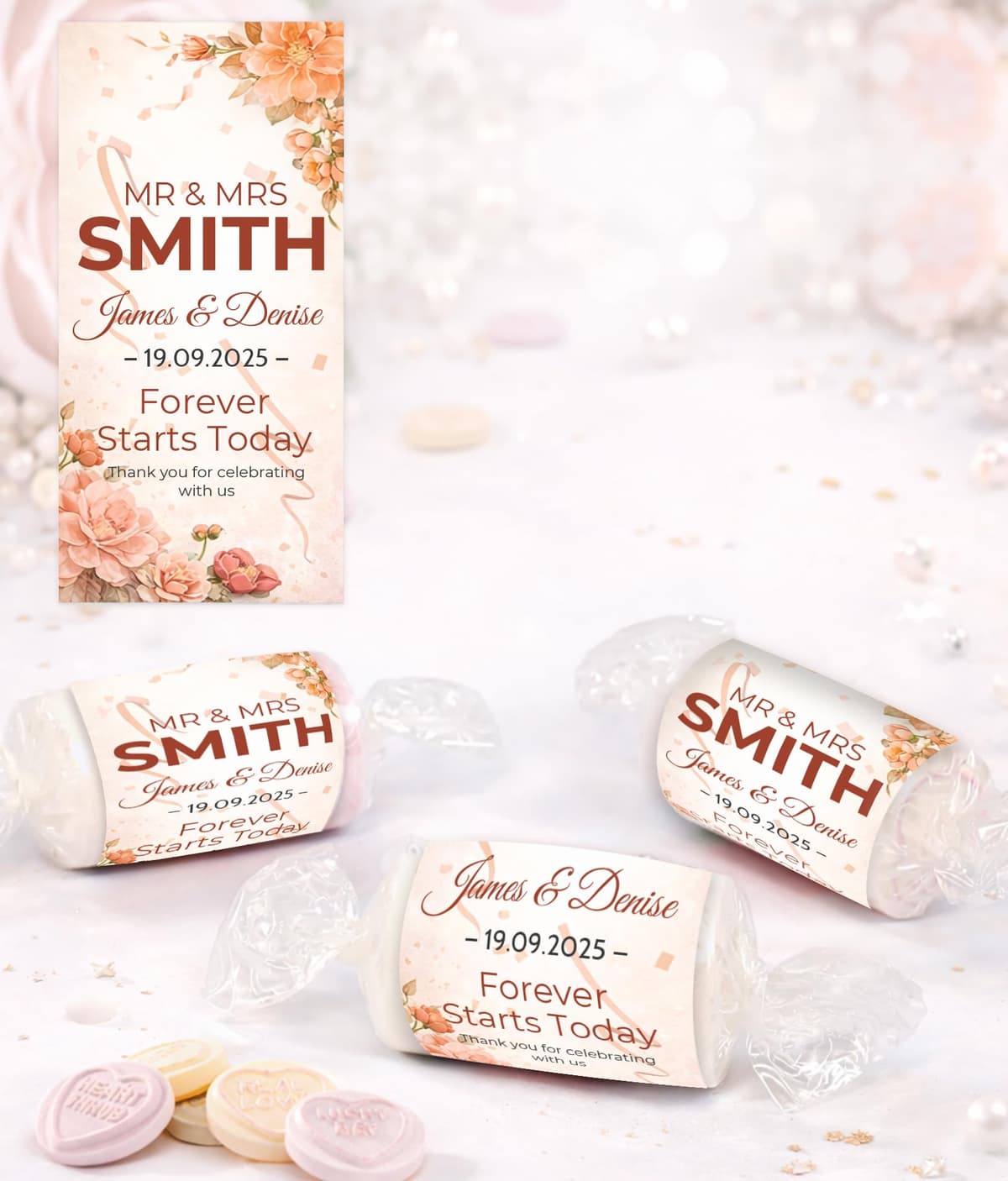 Personalised Wedding Favours Love Hearts, Custom Wrapped Wedding Sweets, Forever Starts Today, Mr & Mrs Favours UK (Champagne Gold) — view 3
