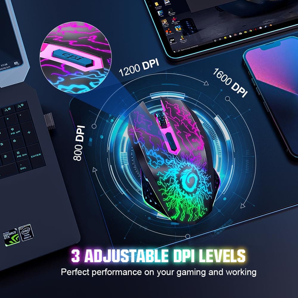 VersionTECH. Wireless Gaming Mouse, Rechargeable Computer Mouse Mice with Colorful LED Lights, Silent Click, 2.4G USB Nano Receiver, 3 Level DPI for PC Gamer Laptop Desktop Chromebook Mac -Black — view 5