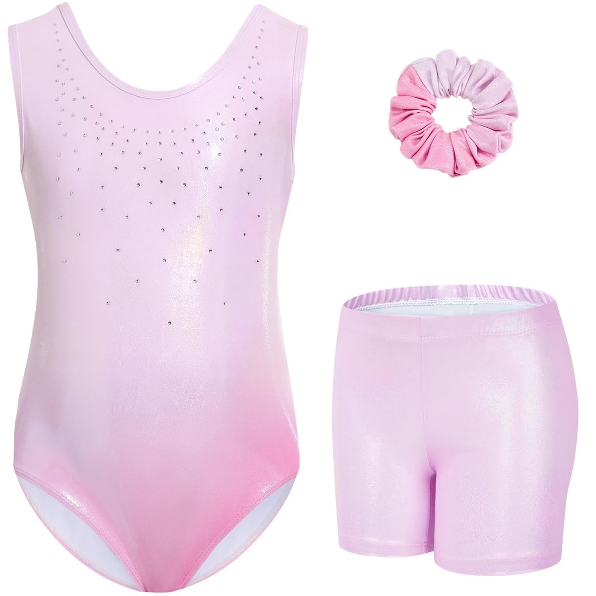 Gogokids Conjunto de gimnasia de tres piezas para niña, cuello en Y, sin mangas, con pantalones cortos y diadema, traje de gimnasia con diseño de bloques de color azul y morado, 3-12 años — view 10