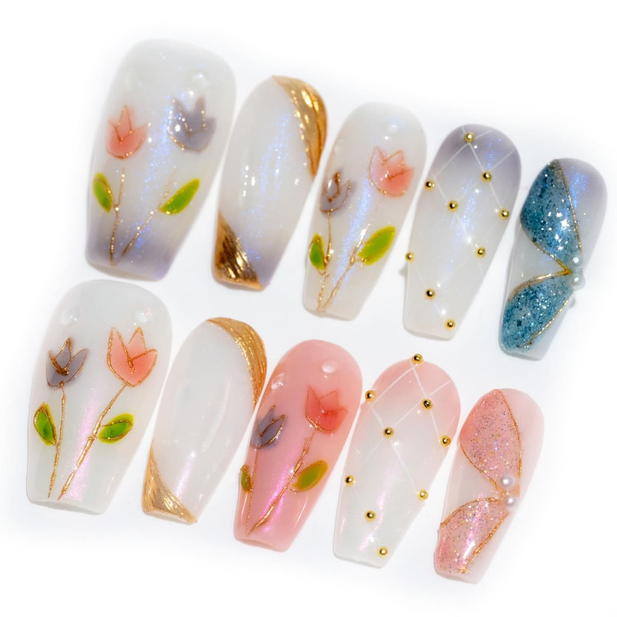 Sun&Beam Nails Handmade Press On Nail Long Coffin Ballerina Pink Flower Acrylic Fake Tip 3D Design Art Charms Cute with Storage Box 10 Pcs (S) — view 350
