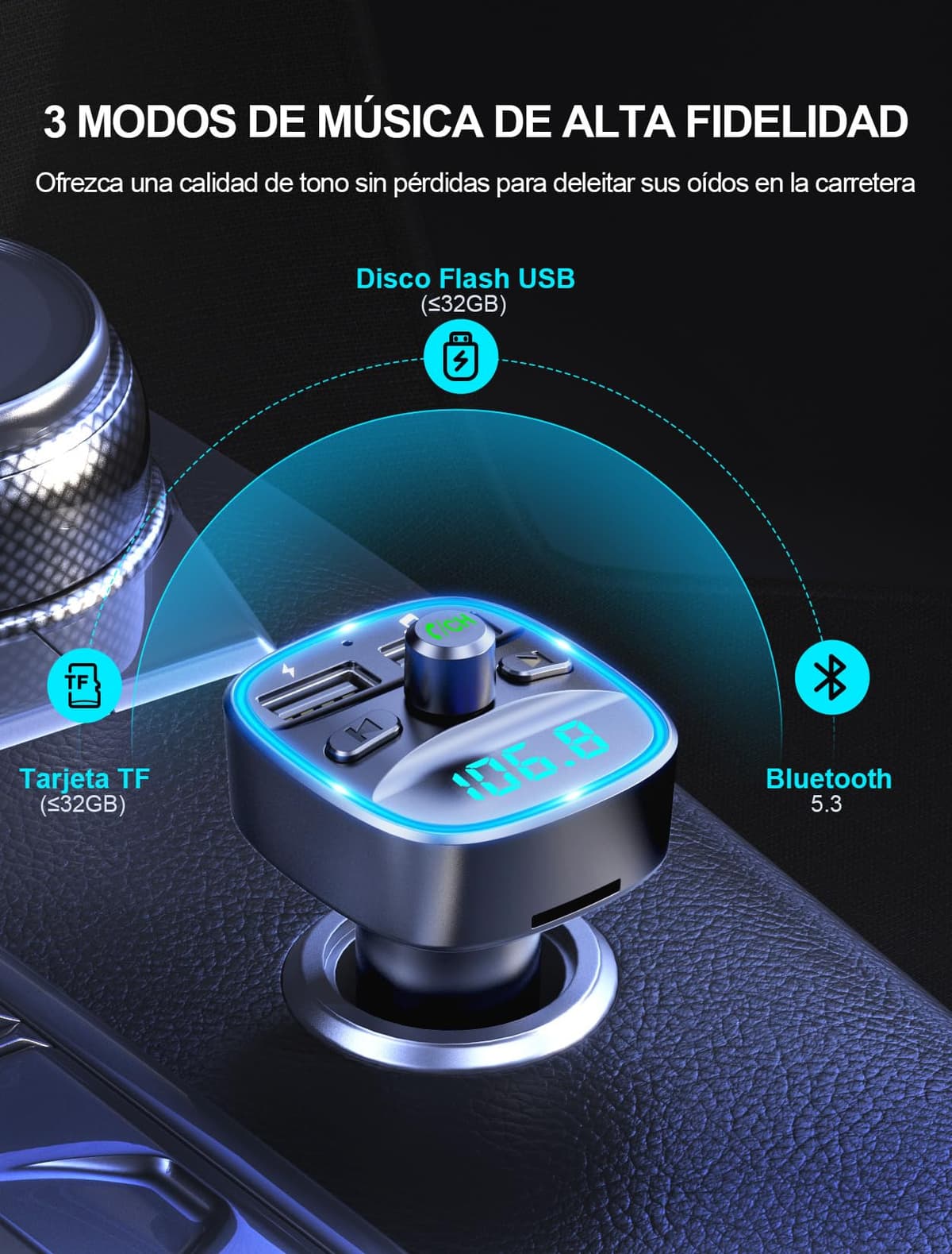 Mohard Transmisor FM Bluetooth Coche, Manos Libres Adaptador Bluetooth Coche Mechero, Musica Radio Inalámbrico Reproductor MP3, Puertos USB Duales (5V/2.4A & 1A), Soporte Unidad Flash USB y Tarjeta TF — view 4