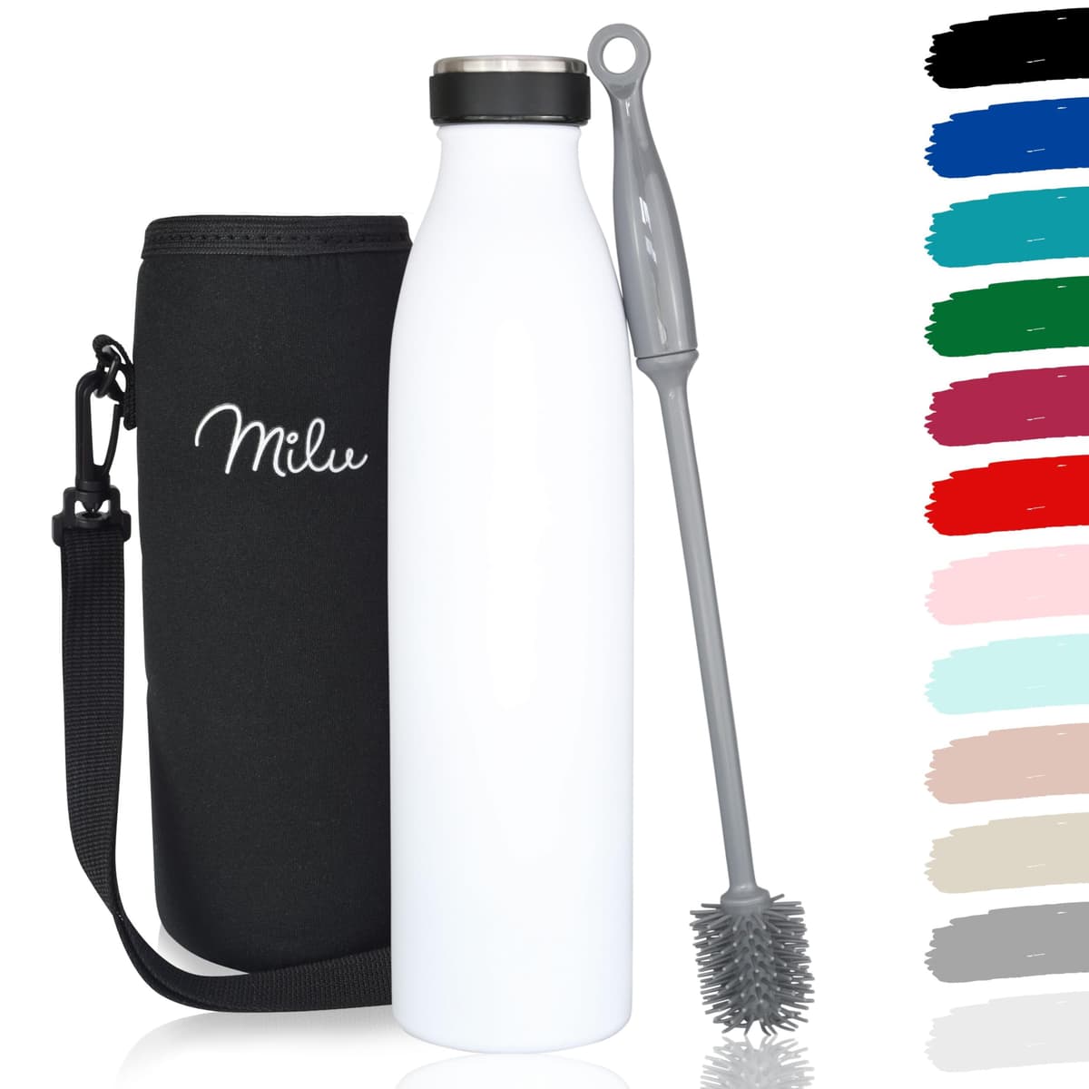 Milu Botella de acero inoxidable de 350ml 500ml 750 ml 1 L 1,5 L botella de agua aislada, termo a prueba de fugas, doble pared, apta para ácido carbónico + cepillo de limpieza (Verde, 1,5 L) — view 41