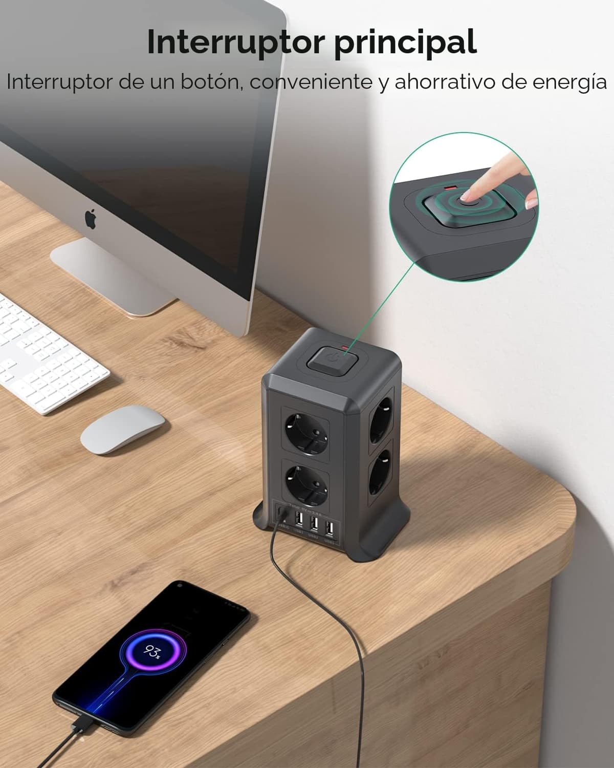 Torre Regletas Enchufes, Regleta USB 8 Tomas de AC y 4 USB Enchufe Multiple, 2500W/10A,Regleta Enchufes Proteccion Sobretension, 2M Regreltas Vertical con Interruptor para Mesa, Oficia, Casa, Negro — view 5