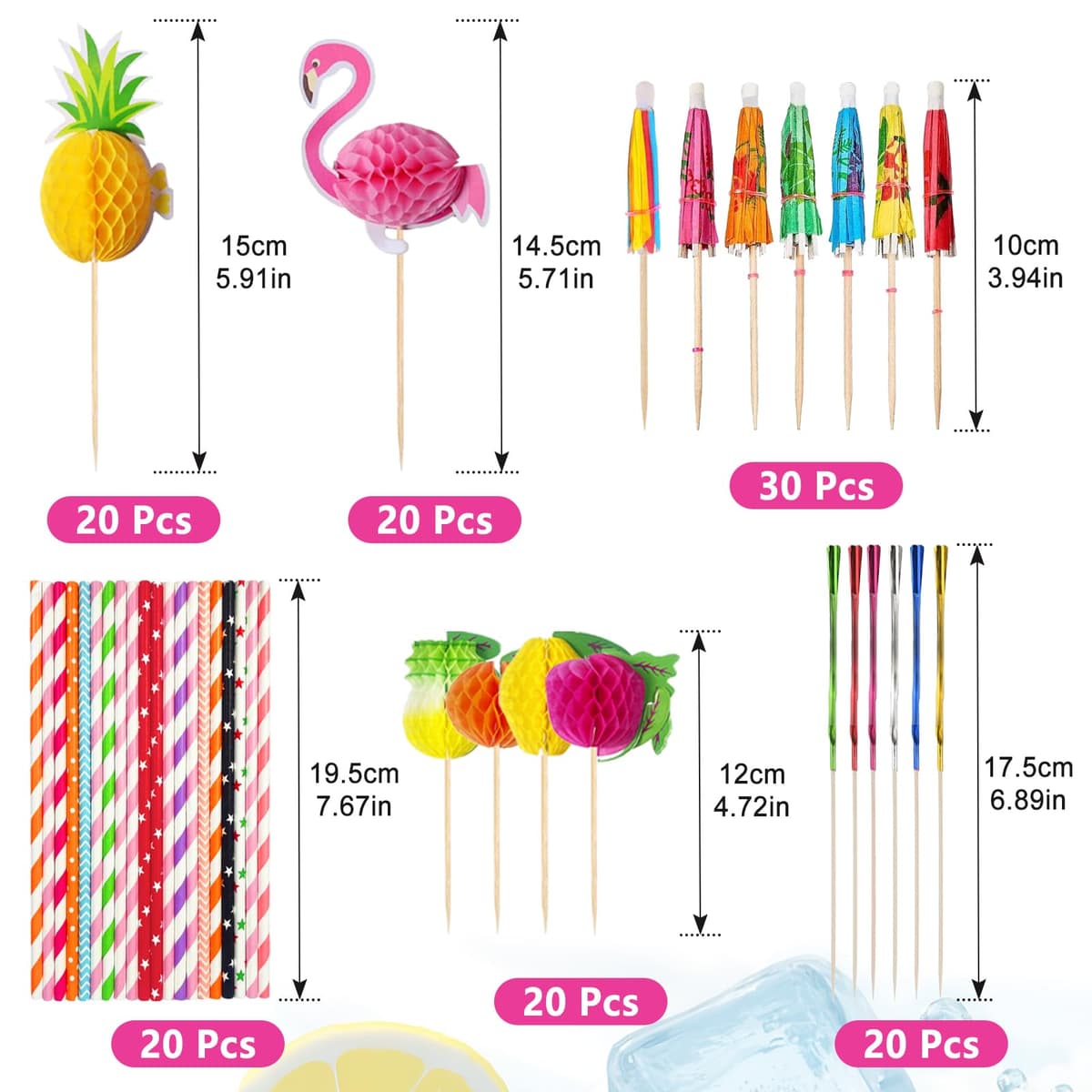 130 Piezas Decoración de Cócteles, Paraguas de Cóctel, Pajitas Decorativas, Palitos de Flamenco, Piña y Fuegos Artificiales, para Fiestas de Verano, Playa, Bodas, Bares — view 2