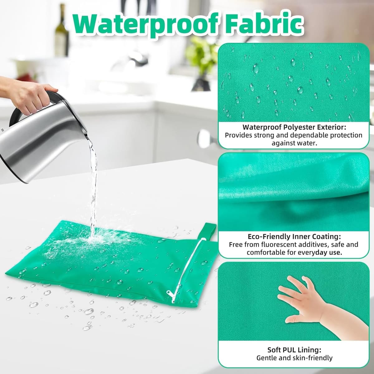 3 PCS Wet Bags, Reusable Cloth Diaper Bags with Handle and Zipper, 40 x 30 cm Wet Bags for Swimming Travel, Washable Wet Dry Bag for Travel, Beach, Camping, Swimming, Gym (Grey, Green, Black) — view 3