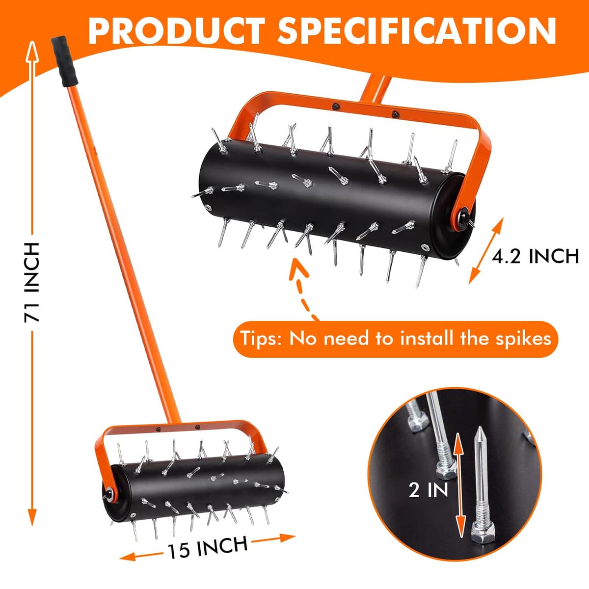 Lawn Aerator Roller, Manual Aerator, Manual Winder with 42 x 2" Nails and Splash Protection, Lawn Aerator, Scarifier Roller for Garden, Patio, Deck — view 3