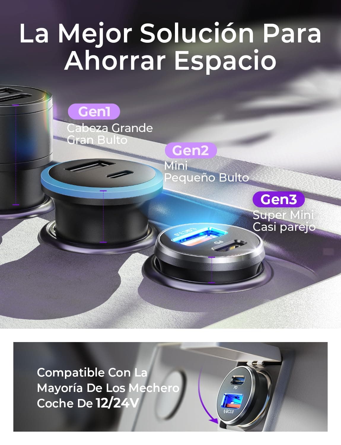 LISEN Cargador Coche Carga Rápida Mechero USB C 69W+60W Cable, Accesorios Coche Camper Electrónicos Flash del Dia, Carregador Isqueiro Carro 12/24V Gadgets para iPhone 17 e 16 Samsung S26 Kindle iPad — view 4