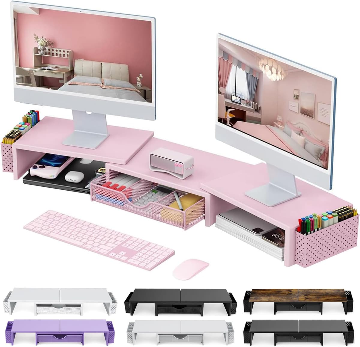 Dual Monitor Stand Riser, Metal Desk Accessories with Drawer and 2 Pen Holder, Adjustable Length and Angle - Computer Monitor Stand for Screen, Computer, Printer (Black) — view 8