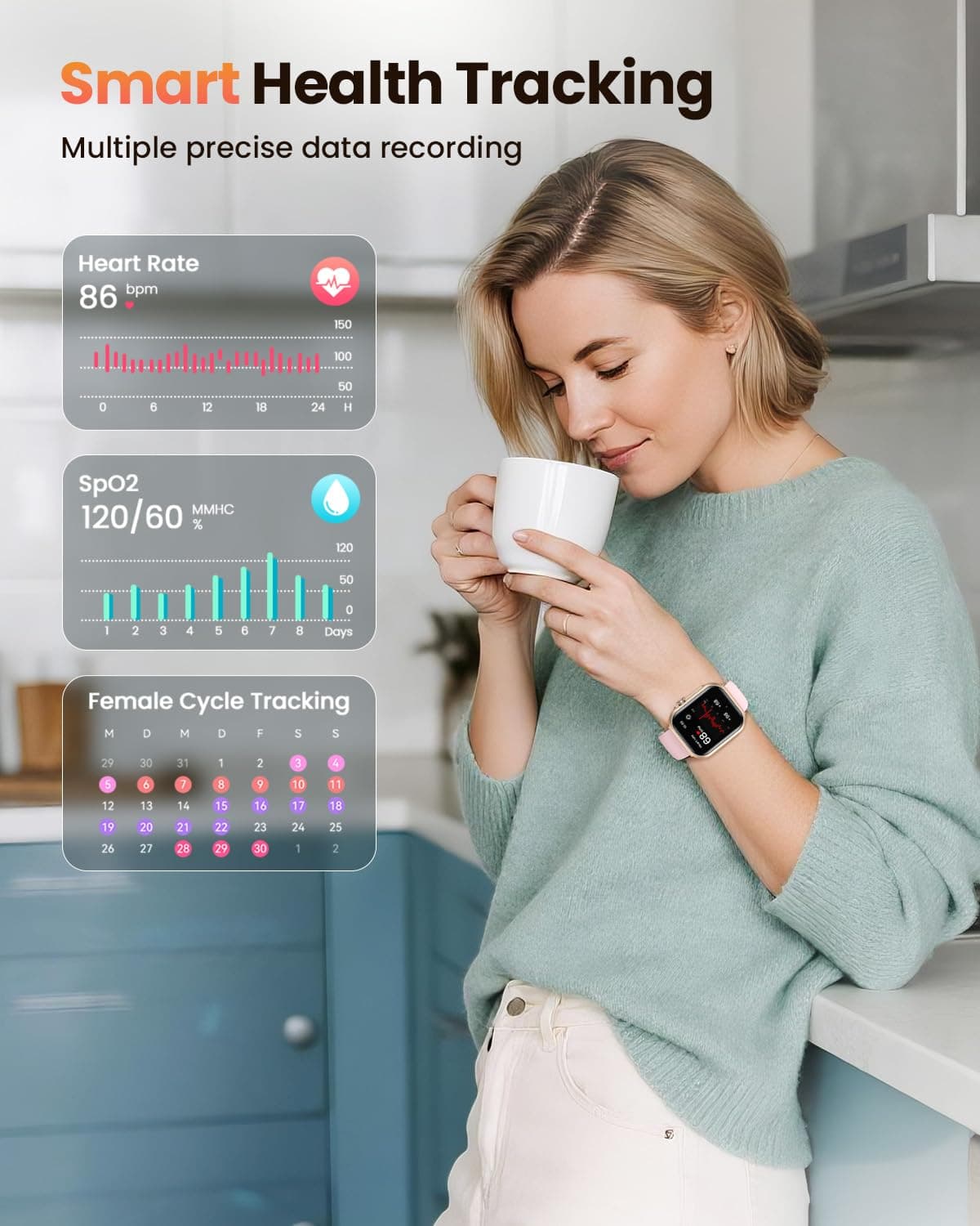 Reloj Inteligente Mujer con Autonomía 100 Días, 1000mAh Batería Grande, 1.83" Smartwatch Mujer con Llamadas, SpO2, Pulsómetro, Sueño, 120+ Modos Deportivos Calorías IP68 Podómetro Android iOS Rosa Oro — view 3