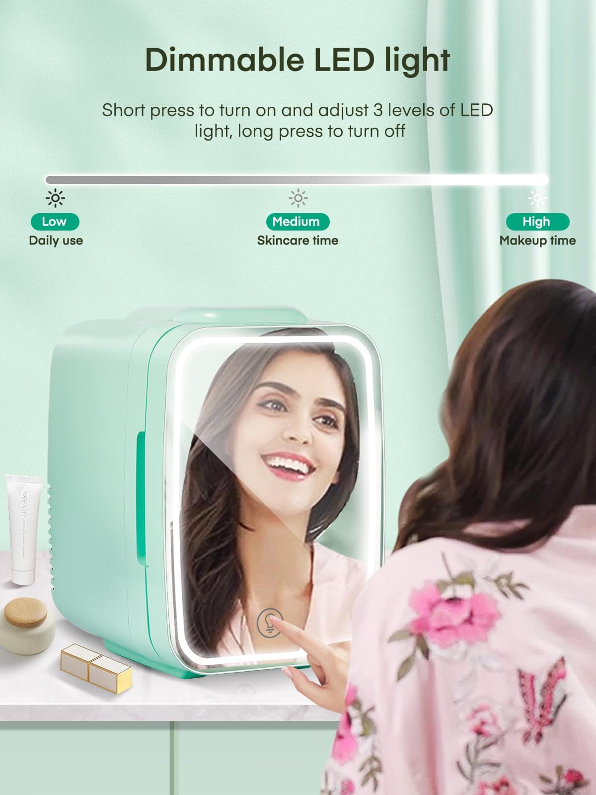 FOHERE Mini Fridge for Bedrooms, 5L/6 Can Portable Skincare Fridge with Dimmable LED Light Mirror, Cooler & Warmer for Food, Drinks and Cosmetic (Green) — view 2