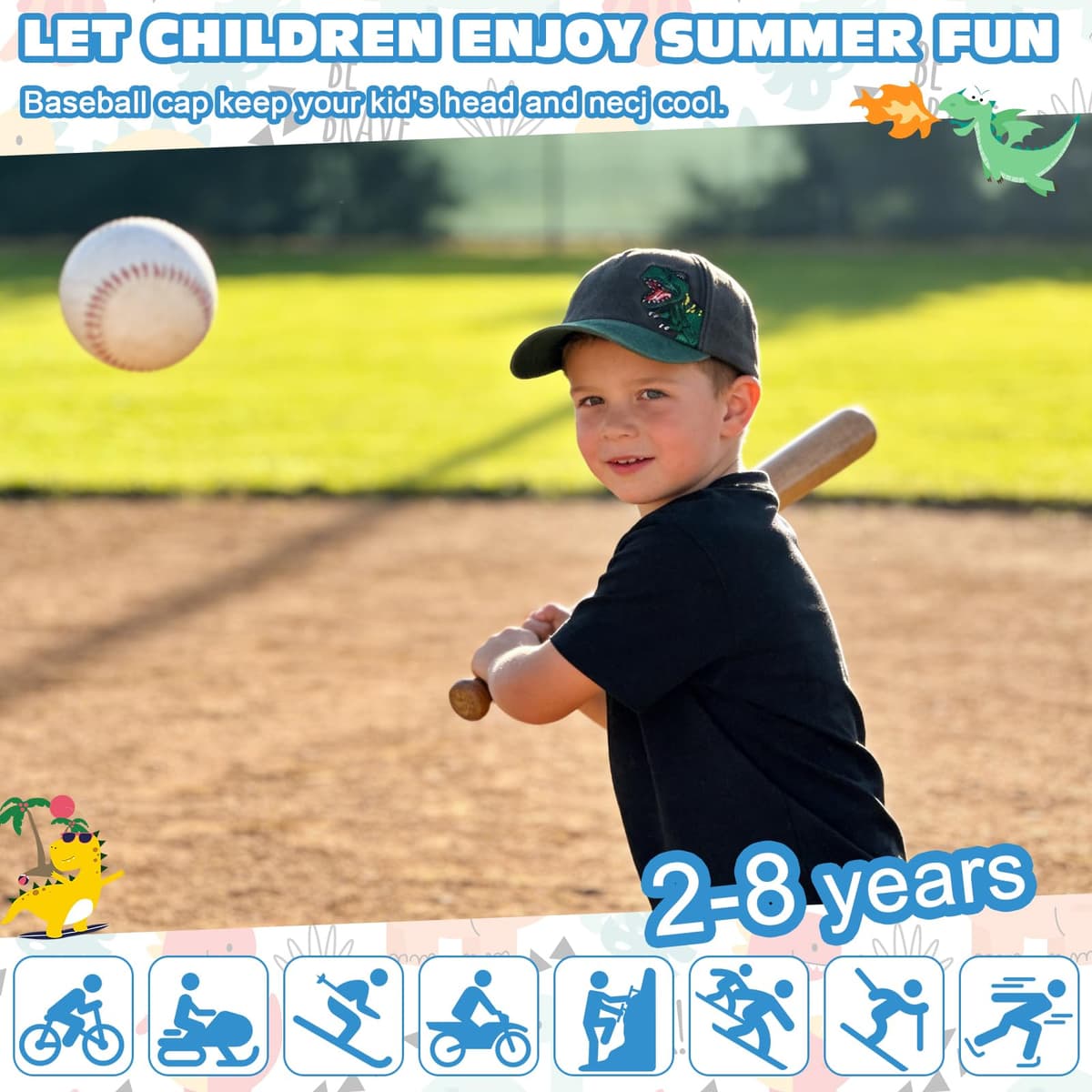 QKURT Gorra de béisbol Infantil con diseño de Dinosaurio, Ideal para el Sol, Ideal para el Verano, con protección Solar, Ajustable, Ideal para la Playa, para Jugar al Aire Libre, de 2 a 8 años. — view 5
