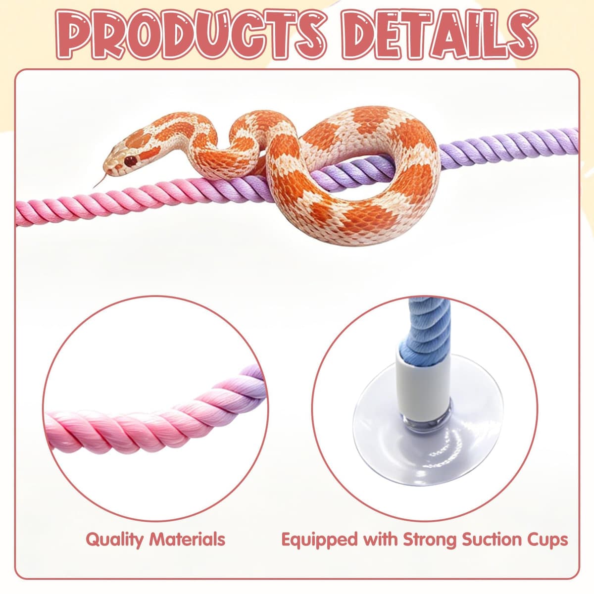 Pink Snake Enrichment Climbing Rope, Ball Python Tank Climbing Accessories with Strong Suction Cups, Flexible Wire Core, Snake Enclosure Accessories for Ball Python, Corn, Lizard — view 3