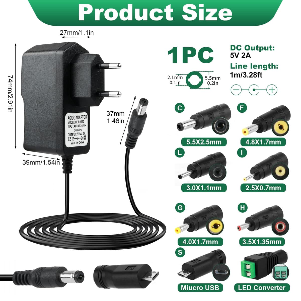 Adaptador 9V 2A Universal, Fuente Alimentacion CA 220V 230V a CC 9V 2000mA 1500mA 1000mA 500mA 5,5 * 2,1mm con 8 Conectores Transformador CA/CC 100-240v 50-60Hz para Tiras LED Cámaras CCTV Router TV — view 2