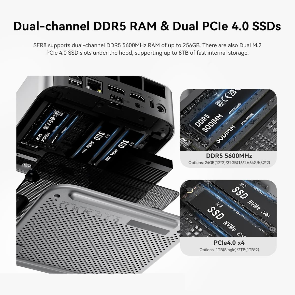 Beelink SER8 Mini PC, Procesador Ryzen 7 8745HS (8C, 16T, 4,9 GHz), 32 GB RAM DDR5, SSD de 1 TB, 12 núcleos gráficos a 2600 MHz, 4K@120Hz, USB4.0/USB3.2/DP/HDMI/LAN 2.5G/WiFi 6/BT 5.2/Gris — view 5