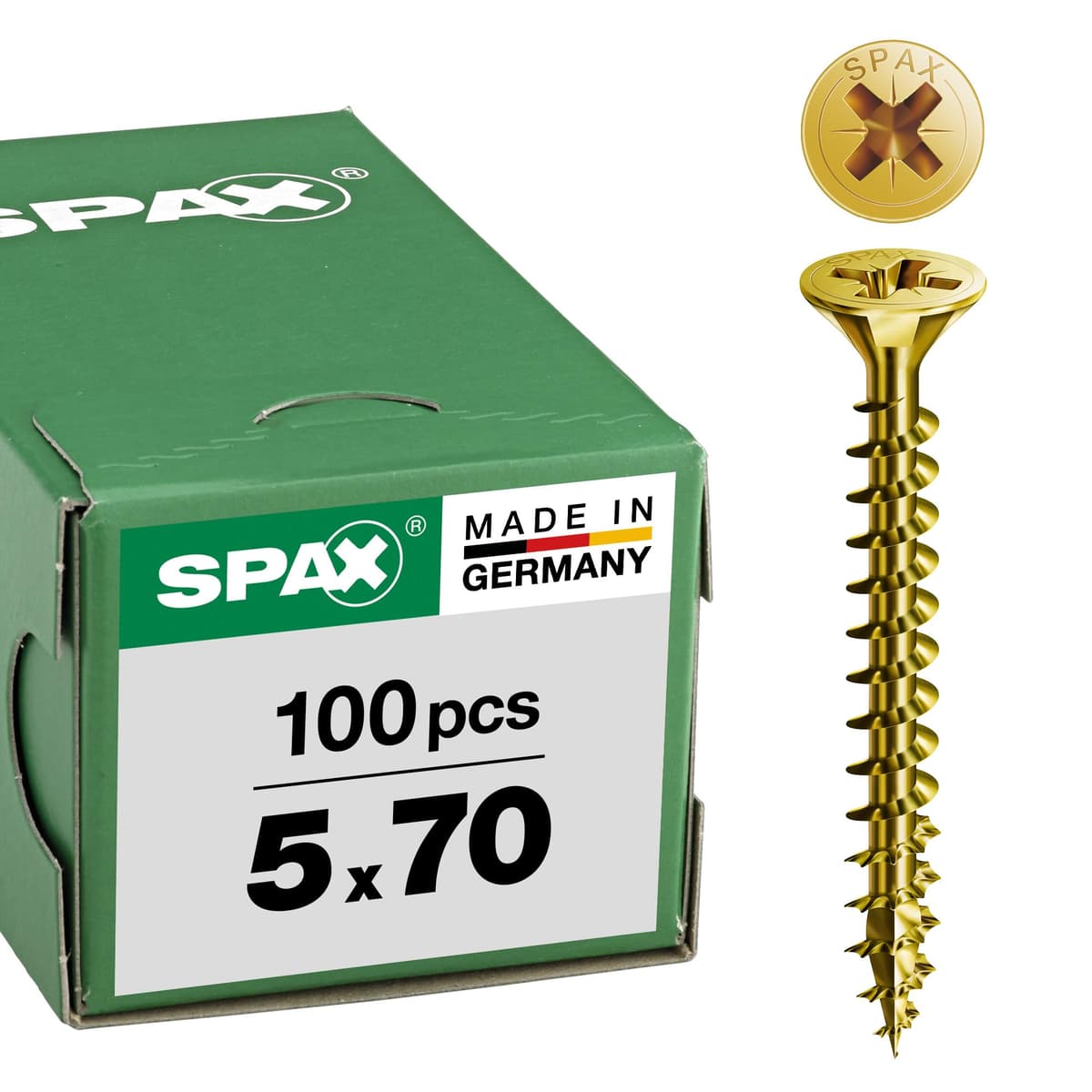Spax 1081020500703 - Tornillo universal, 5,0 x 70 mm, 100 piezas, cabeza avellanada, cruz receso z 4cut, rosca completa,