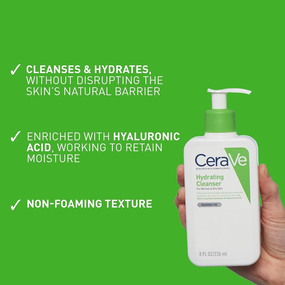 CeraVe Hydrating Cleanser for Normal to Dry Skin 236 ml with Hyaluronic Acid and 3 Essential Ceramides Aromático 236 ml (Pack of 1) — view 3