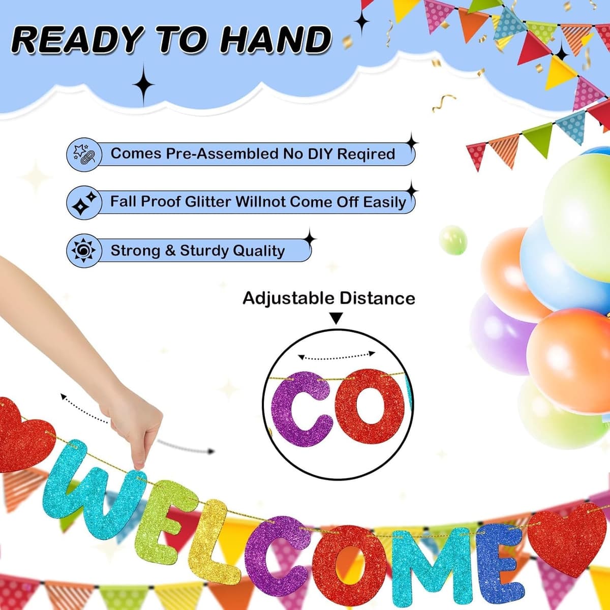 Pre Strung Welcome to The Team Banner with Two Heart Signs, NO DIY, Glitter Welcome Party Supplies for New Employee, Coworker, Colleague, Staff, Team Member Office Decorations (Colorful) — view 3