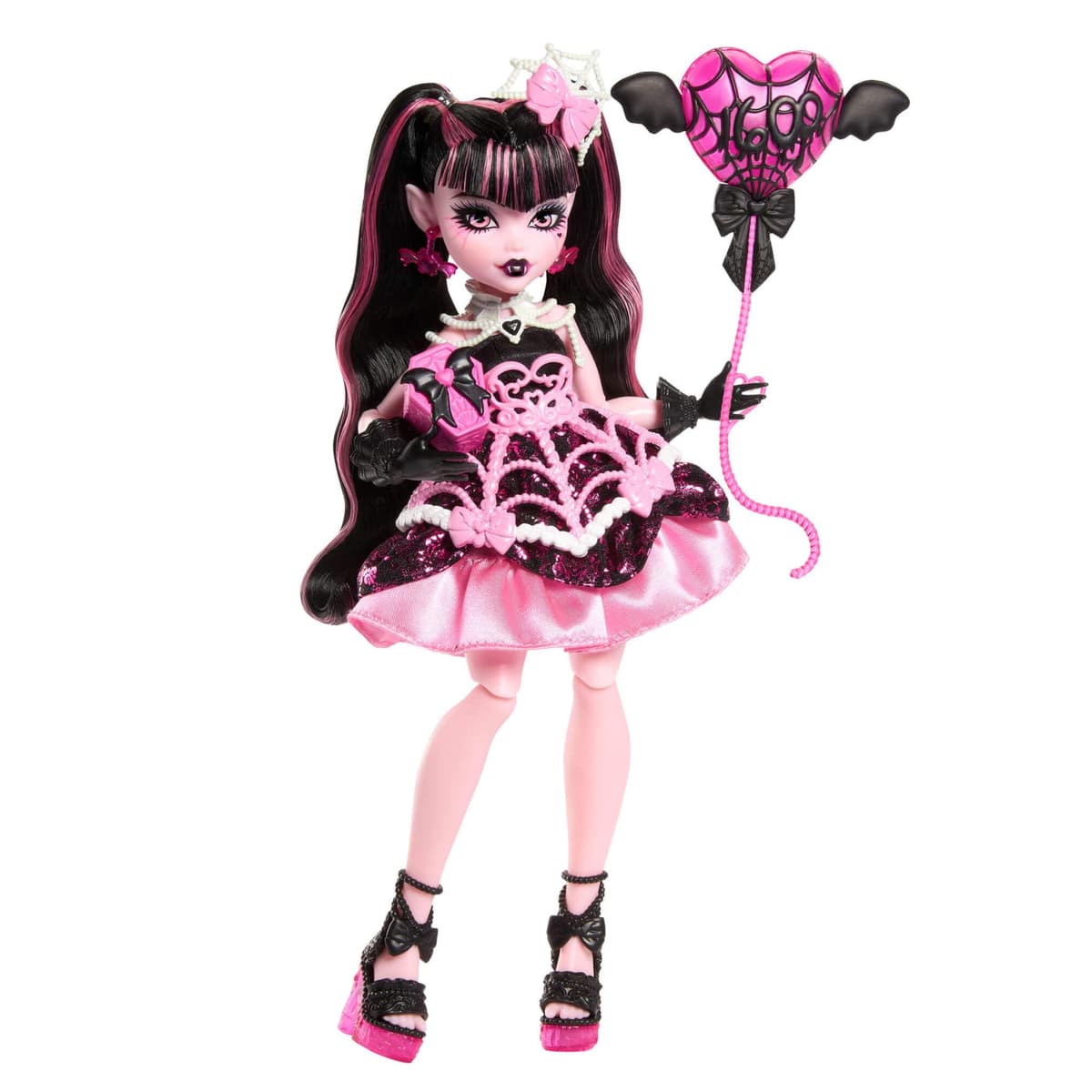 Monster High Cumplespantos Cleo De Nile Muñeca con vestido de fiesta dorado y accesorios temáticos como una invitación, un globo, un regalo, un pintalabios y mucho más, JBG76 — view 8