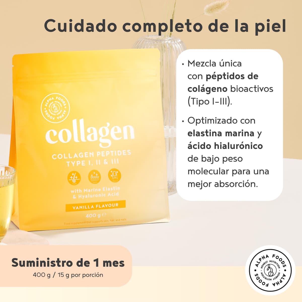 Colágeno en Polvo 400g | Péptidos de Colageno Hidrolizado con Acido Hialuronico y Elastina Marino | Collagen Peptides Tipos I, II, III | Sabor Vainilla | Alpha Foods — view 3