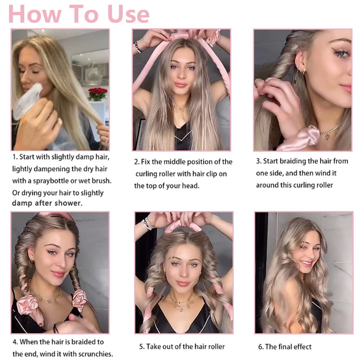 ﻿ Rizador Pelo Sin Calor,palo de pelo rizado sin calor,traje de pelo largo para perezosos,Rizadores de Ondas Con Diadema Suave Para Dormir,adecuado para cabello medio y largo (Rosa) ﻿ — view 4