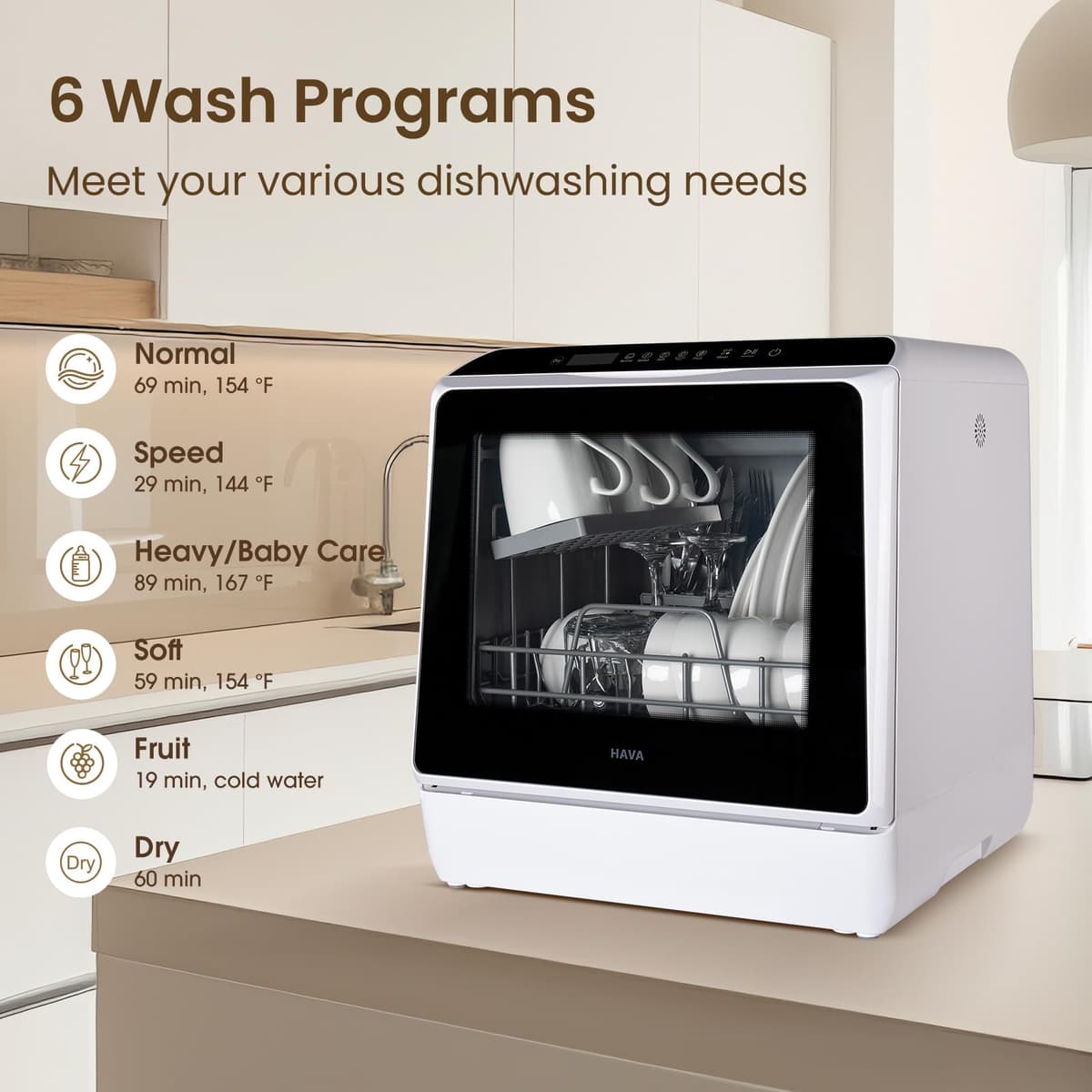 HAVA Table Top Dishwasher, Mini Countertop Dishwasher with 6 Programmes and Built-in 5 Litre Water Tank, No Connection Required, Baby Supplies, and Air Drying Function for Homes and Motorhomes — view 2