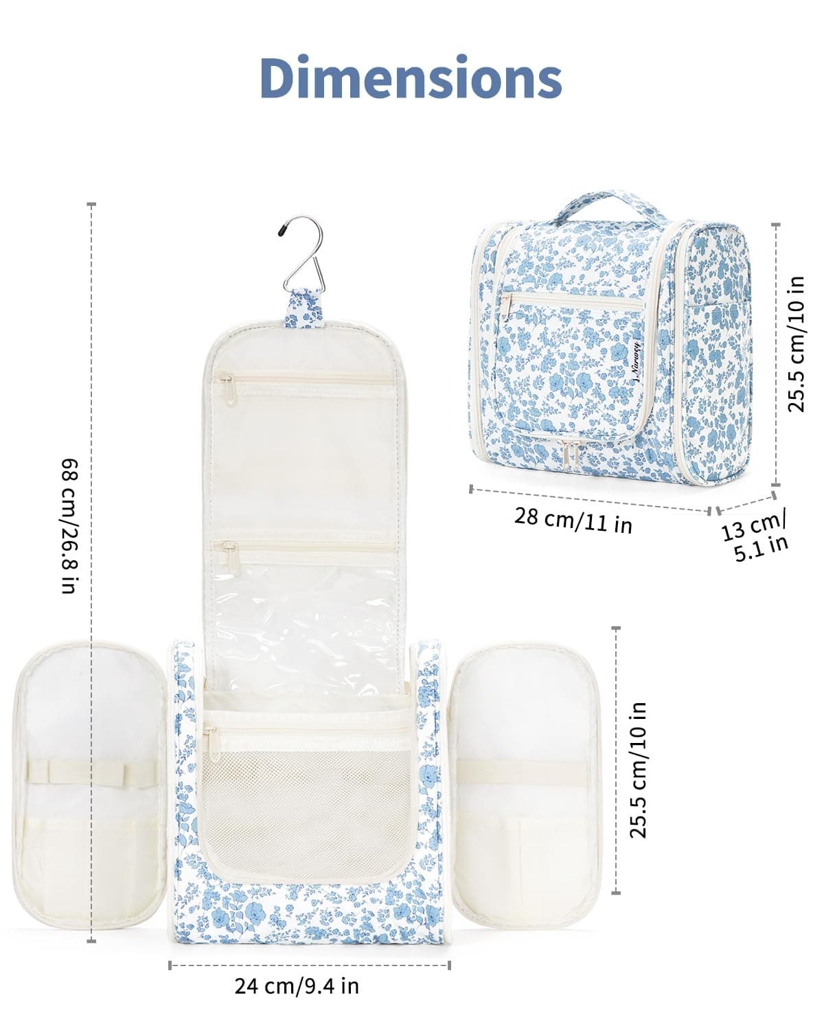 Narwey Hanging Toiletry Bag for Women Travel Makeup Bag Organizer Toiletries Bag for Cosmetics Essentials Accessories (Large, Little Blue Flower) — view 6