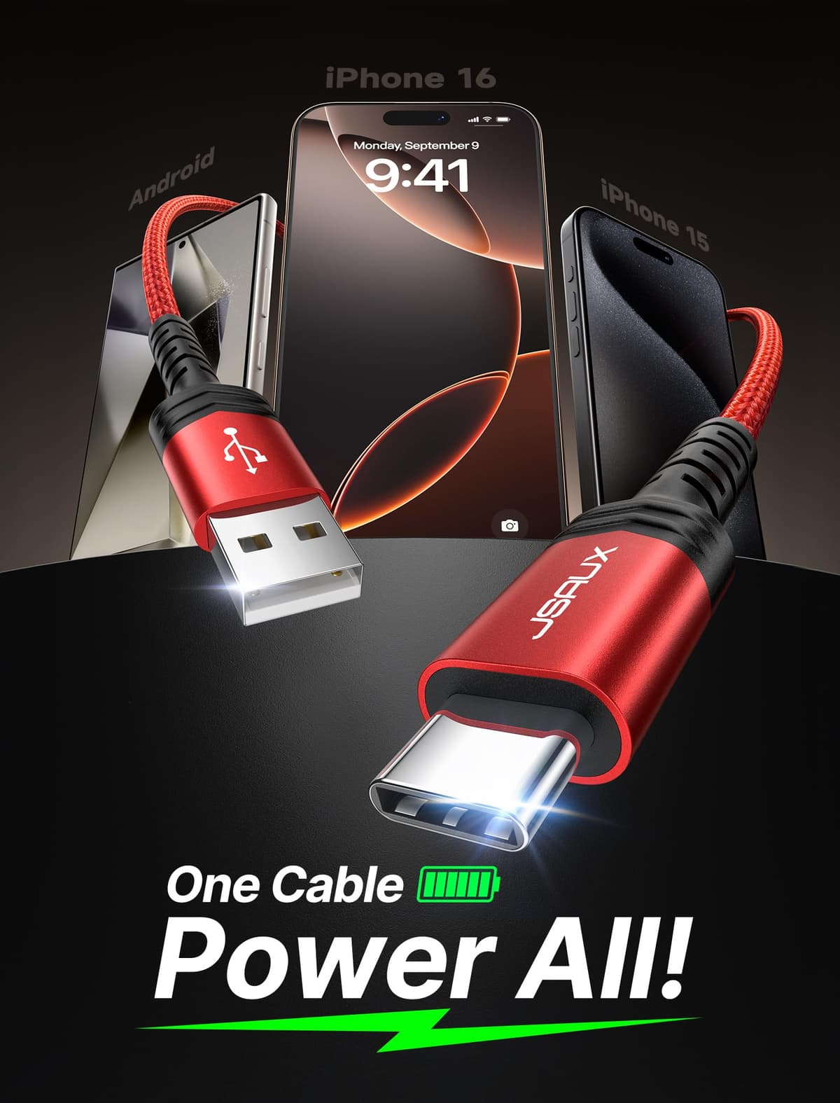 JSAUX USB C Cable (2m 2-Pack) 3.1A Fast Charging, Type C Charger Cable Compatible with iPhone 17 Air 16 15 Pro Max, Samsung Galaxy S24 S23 S22 S21 Note 10 9 8, A14 A15 A25 A35 A53 A55, CarPlay -Red — view 2