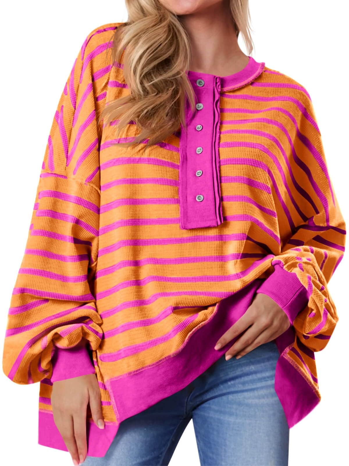 Sudaderas de gran tamaño para mujer, a rayas, estilo Henley, con bloques de color, informal, de punto gofre