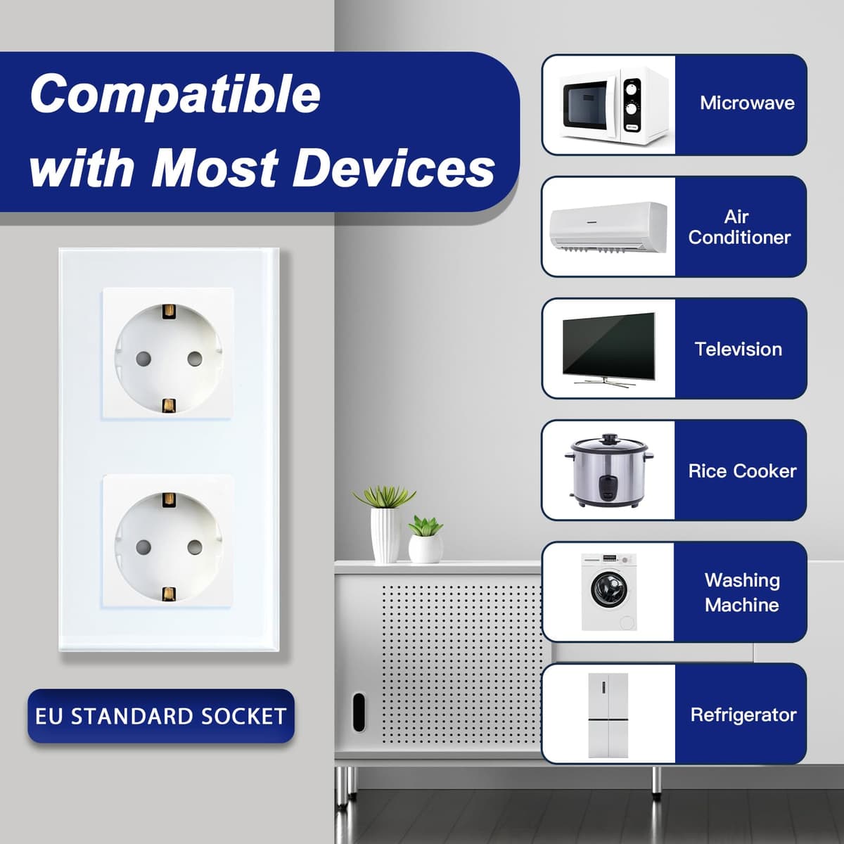 BSEED Enchufe de Pared con Cristal,Enchufes Dobles Empotrados,Toma de Corriente,Seguridad infantil,Fácil de Instalar,M Serie,2 Enchufes,157mm Blanco — view 3