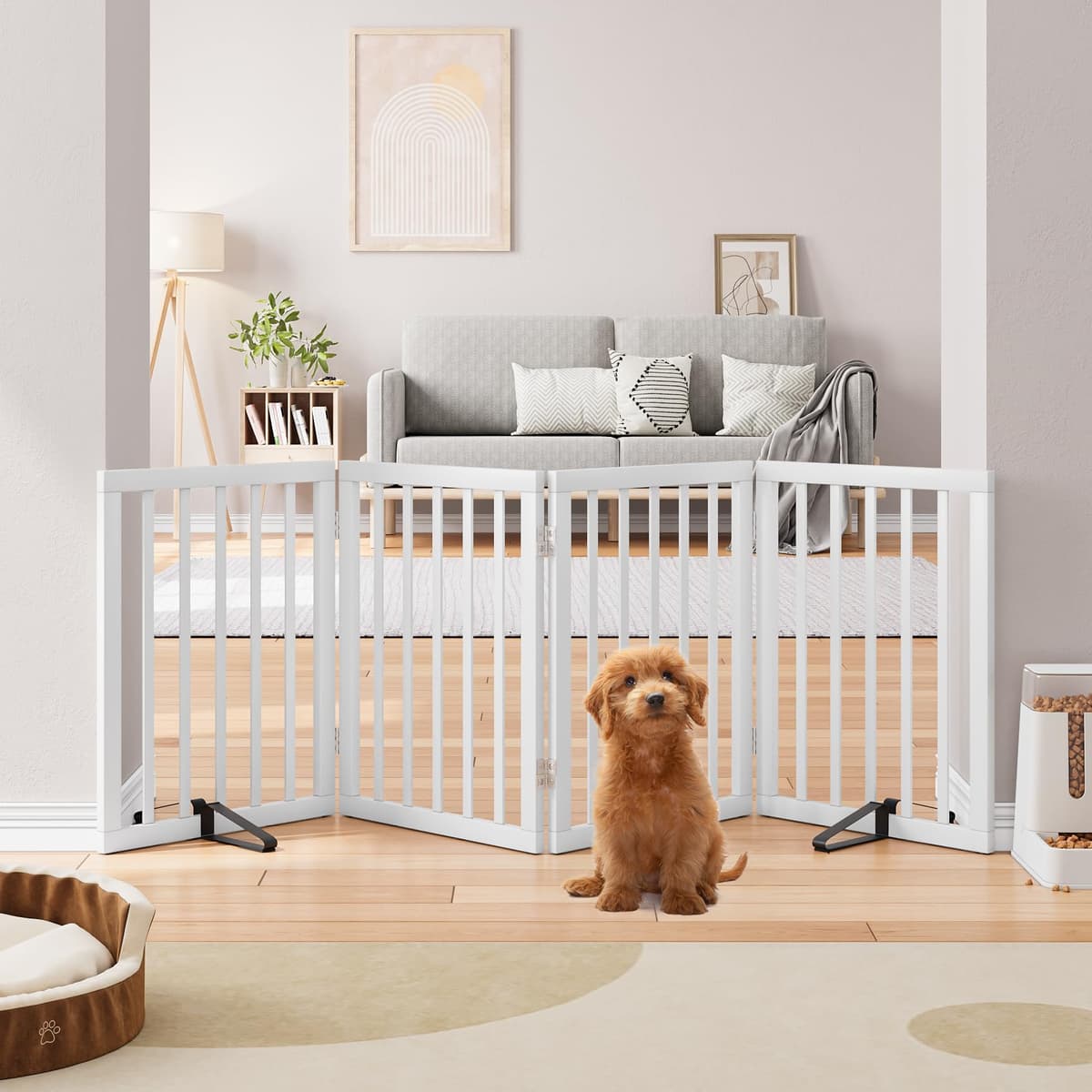 Semiocthome Freestanding Dog Gates and Barriers Indoor Pet Gates for Doorways and Stairs, 60cm(H) 4-Panel Puppy Gate with 2 Metals Stands Fully Assembled Adjustable Safety Fence Fit Up to 188cm White
