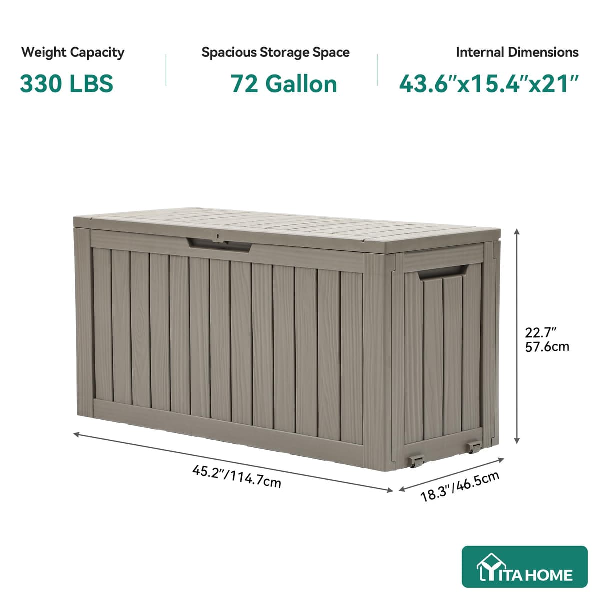 YITAHOME Outdoor Storage Box with Wheels, 270L Plastic Deck Box, Waterproof Garden Chest for Cushions, Tools & Pool Supplies, Lockable, Faux Woodgrain, 114.7 x 46.5 x 57.6 cm, Light brown — view 8
