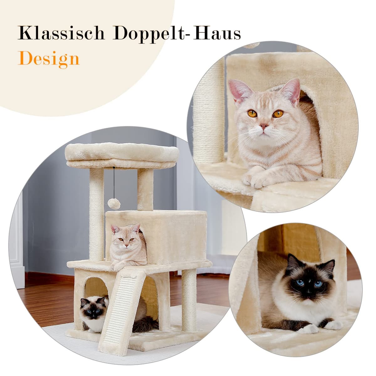 PETEPELA Cat Tree 90cm Cat Tower with Double Condos, Removable Spacious Perch, Fully Wrapped Scratching Posts for Indoor Cats, Replaceable Dangling Balls, 35 Inches Beige — view 4