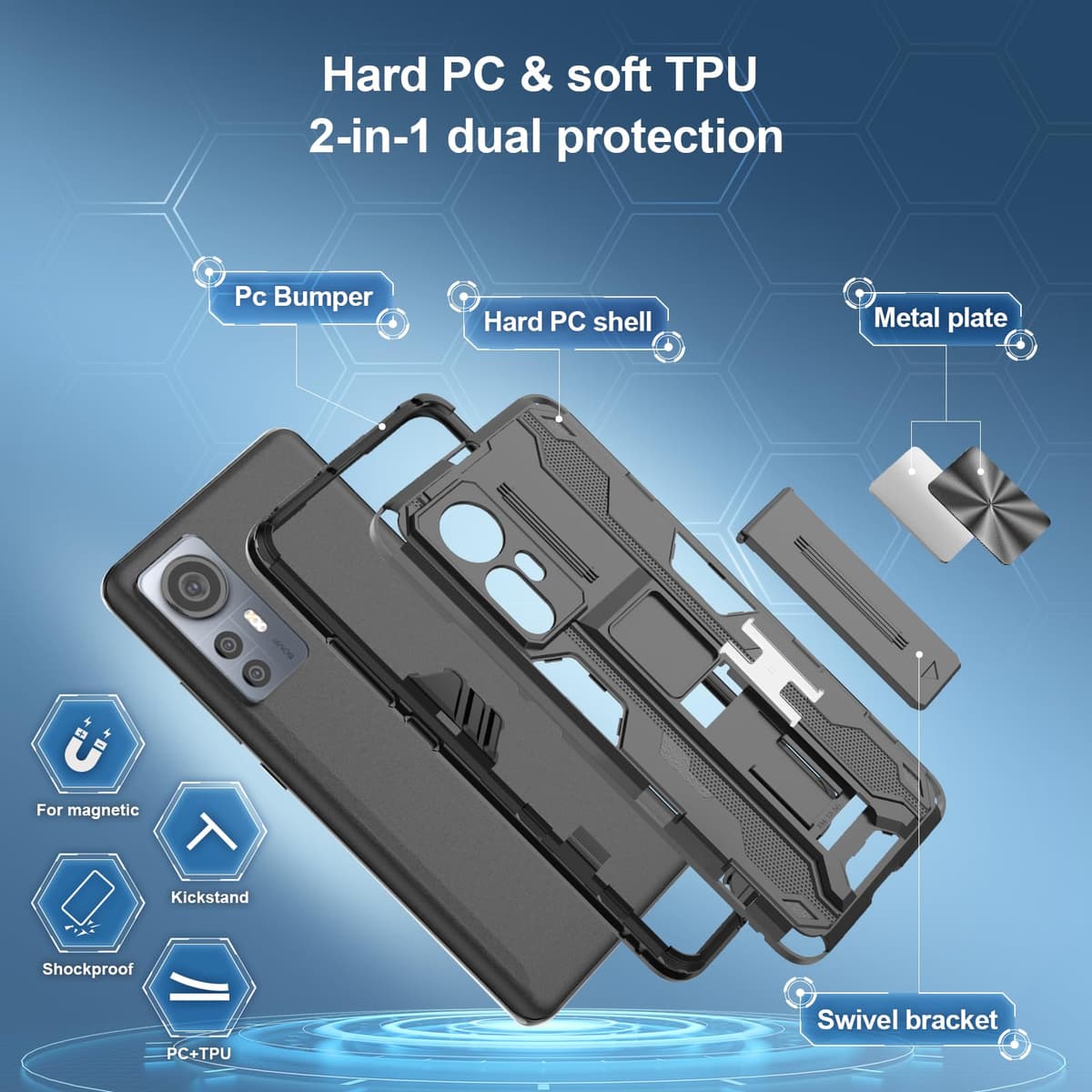 Funda para CMF Phone 2 Pro, Carcasa Antigolpes con Soporte anular metálico, Case Protectora de Grado Militar, Negro — view 1750
