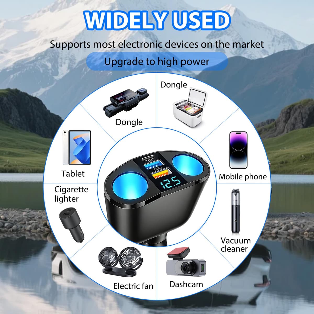 120W Car Cigarette Lighter Adapter, Dual USB QC3.0 & PD 12V/24V Multi Socket Car USB Charger Splitter Double Cigarette Lighter with LED Voltmeter Fast Charging for Phones GPS Dashcam Vehicle Devices — view 4