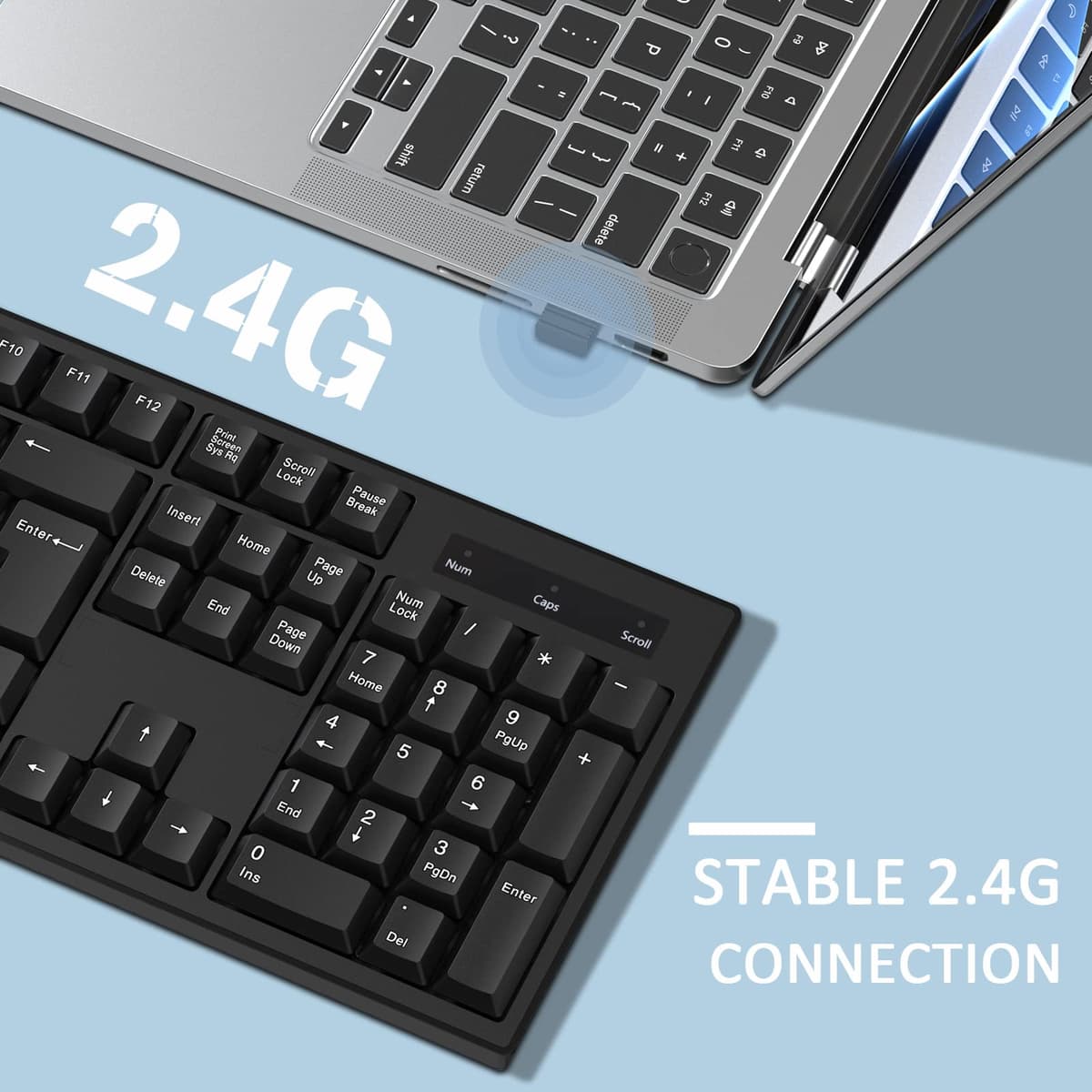 cimetech 2.4G Wireless Keyboard, QWERTY UK Full-Size Layout, USB Computer Keyboard with Numeric Keypad & Ergonomic Keys for Desktop/PC/Laptop/Surface/Smart TV/Notebook and Windows - Black — view 3
