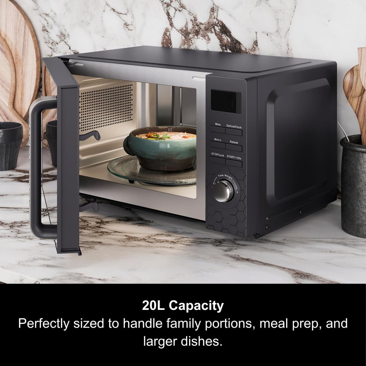 Morphy Richards Cassini Digital Glass Microwave, 20L Capacity, Stainless Steel Inner Cavity, 6 Power Levels, Defrost, 95 Minute Timer, 24.5cm Glass Turntable, Easy Clean, 800W, Moonless Night, 511420 — view 4