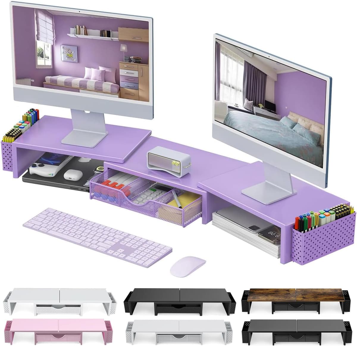 Dual Monitor Stand Riser, Metal Desk Accessories with Drawer and 2 Pen Holder, Adjustable Length and Angle - Computer Monitor Stand for Screen, Computer, Printer (Black) — view 11