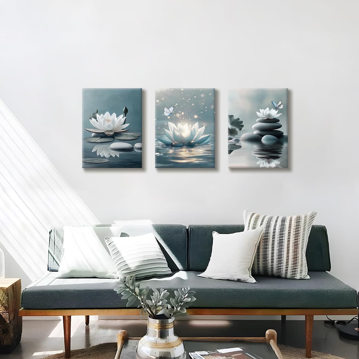 3Pcs Blue Grey Zen Canvas Wall Art, White Lotus Flowers Butterfly Meditation Spiritual Wall Paintings White Lotus Blooming on Stones in Lake Wall Pictures Room Decor for Yoga Spa Room Decor 30x40cmx3 — view 3