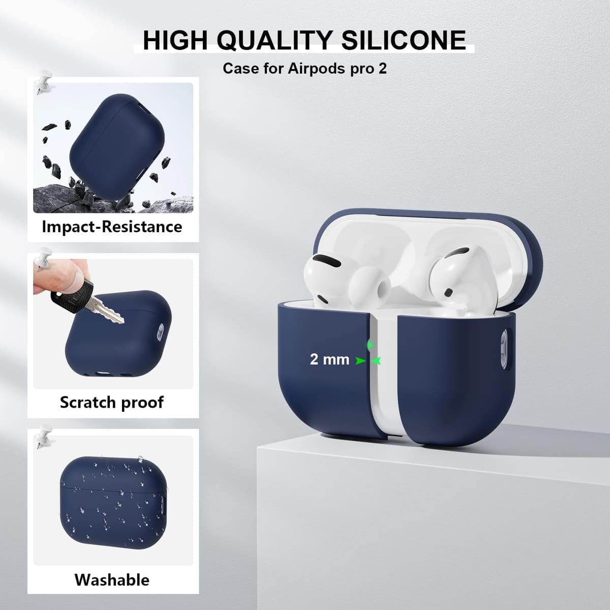 Funda Silicona Compatible con AirPods Pro 2.ª Generación, Ultradelgada Fundas Protectora de Silicona para AirPods Pro 2.ª Generación 2022, LED Visible Frontal, Azul Oscuro — view 4