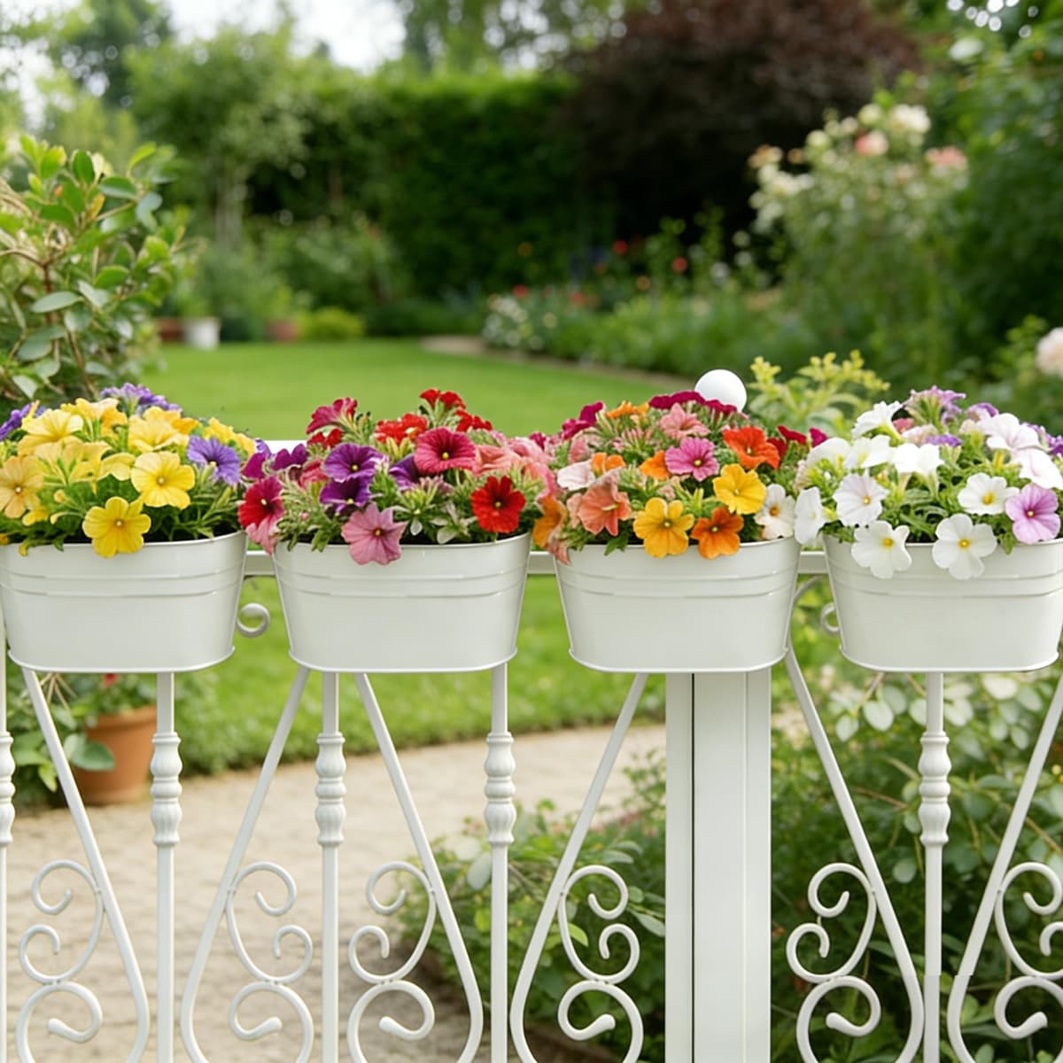 RIOGOO Macetas de metal Hierro Colgantes Macetas de jardín Macetas de balcón Macetas de metal Cubo de flores Soportes para colgar en la pared Maceta de decoración - Gancho desmontable (4 PCS) (blanco) — view 7
